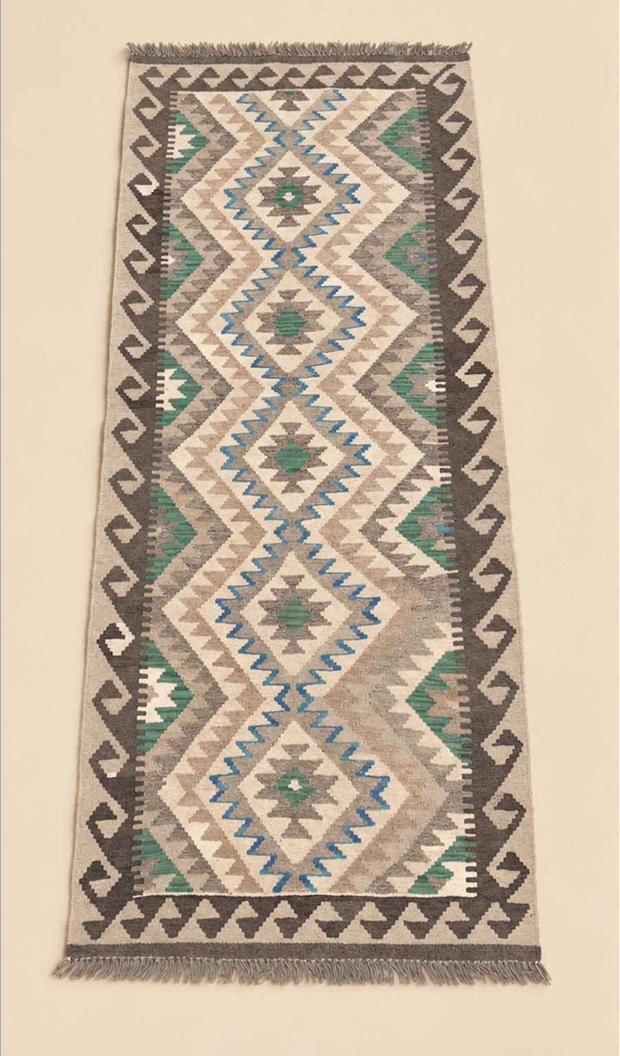 Afghan Kilim Rug (33in x 81in) - Beige with Small Diamond Pattern