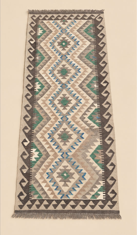 Afghan Kilim Rug (33in x 81in) - Beige with Small Diamond Pattern