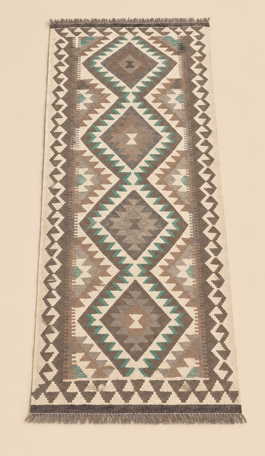 Afghan Kilim Rug (33in x 81in) - Beige with Large Diamond Pattern